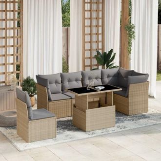 vidaXL Vidaxl - Set Sof&aacute;s De Jard&iacute;n 7 Piezas Y Cojines Rat&aacute;n Sint&eacute;tico Beige