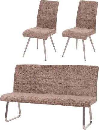Hhg Hhg - Juego De Comedor 221, Juego De 2 Sillas + Banco 180cm, Acero Inoxidable Cepillado Tela/textil Chenilla, Marr&oacute;n