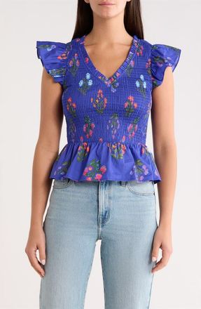 Sugarlips Clemen Floral Brish Smocked Flutter Sleeve Peplum Cotton Top in Navy at Nordstrom, Size X-Large