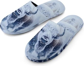 Generic Bison Snowstorm Flannel Mens Slip-on Slippers Winter Warm House Shoes with Rubber Sole for Home Hotel