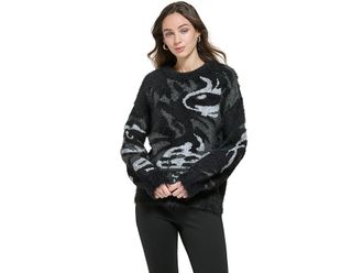 DKNY Long Sleeve Tiger Eye Sweater Womens Clothing Black/Smoke Grey Heather : LG, Acrylic/Nylon