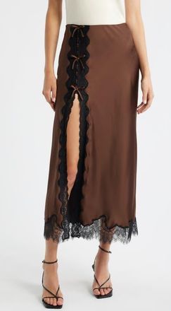 LoveShackFancy Calder Lace Trim Satin Midi Skirt in Chocolate Brown at Nordstrom, Size Xx-Small