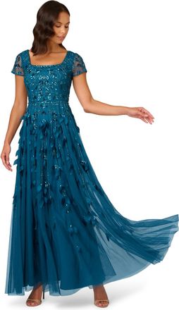 Adrianna Papell Womens Bead 3D Petal Long Dress - Blue - Size 12 UK
