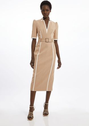 Karen Millen Womens Petite Compact Stretch Contrast Tipped Forever Belted Tailored Midi Dress - Beige Viscose - Size 12 UK