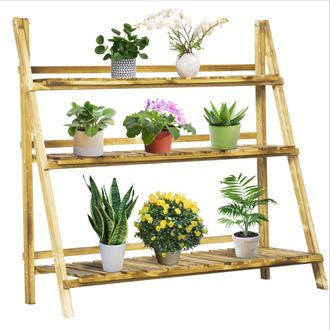 OUTSUNNY Soporte Para Plantas De Madera De 3 Niveles, Estanter&iacute;a Para Plantas Plegable Para Interior Y Exterior, 100x37x93 Cm, Carbonizado