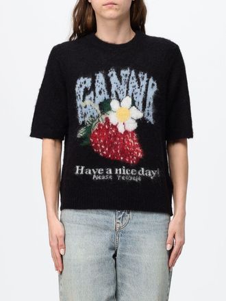 Ganni Maglia girocollo a maniche corte in misto lana di alpaca con logo
