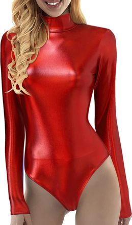 Generic Womens Shiny Metallic PVC Leather Jumpsuit Long Sleeve Mock Neck Bodysuit Stretchy Leotard One Piece Outfit for Yoga Dance Clubwear Halloween Costume 