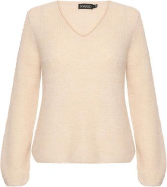 Soaked In Luxury Zachte V-hals trui met Pofmouwen - Dames - V-hals truien - Beige - XS - Wol - Truien & Vesten