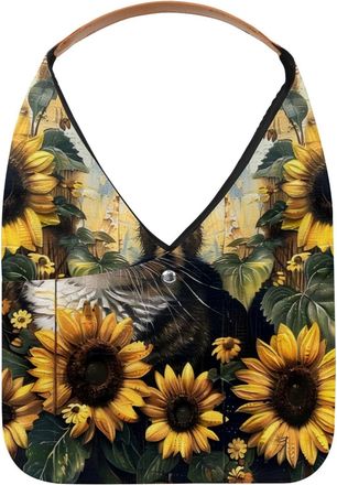 Generic Sunflower Cat Wooden Board Reusable Lightweight Grocery Bags - Foldable Into Compact Pouch, Washable & Sturdy, Multipurpose for Shopping and Travel