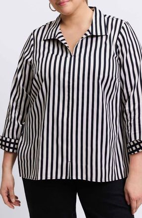 Foxcroft Agnes Stripe Long Sleeve Cotton Sateen Top in Black/White at Nordstrom, Size 3X