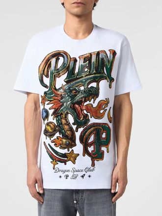 Philipp Plein T-shirt in cotone bianco con stampa grafica e strass
