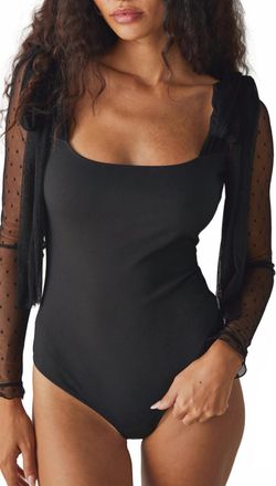 Free People Long Sleeve Mesh Shoulder Bow Tie Bodysuit In Black