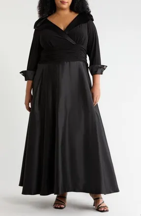 Jessica Howard Rhinestone Button Cuff Sleeve Mixed Media Gown in Black at Nordstrom, Size 20W