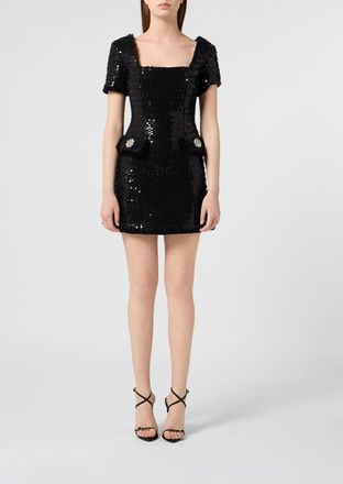 Philipp Plein Abito mini da cerimonia in tweed con cristalli e paillettes