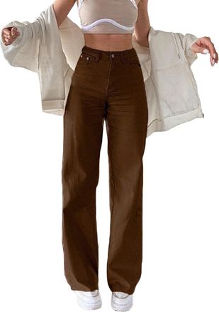 Generic Large Denim Wide Leg Pants for Women Mid-Rise Stretchy Skinny Jeans with Multiple Pockets, Straight Tube, Comfortable Trousers for Ladies