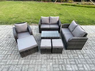 Fimous High Back Rattan Garden Furniture Set w/ Loveseat Sofa Rectangular Coffee Table 3 Footstools Indoor Outdoor Patio Lounge Sofa Set Dark Grey