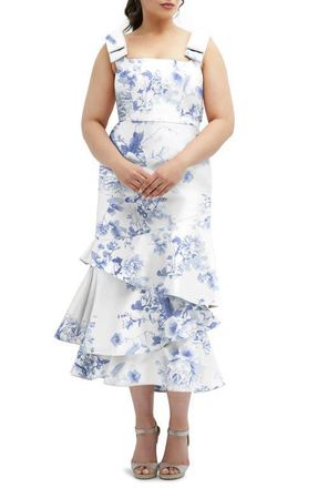 The Dessy Group Floral Print Ruffle Sleeveless Satin Midi Dress in Cottage Rose-Larkspur Print at Nordstrom, Size 10
