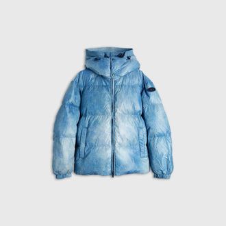 Diesel Hooded down jacket with denim-effect print - Winter Jackets - Man - Blue