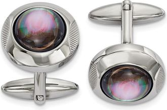 Diamond2Deal Stainless Steel Polished Black Mother of Pearl Circle Cufflinks