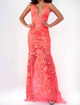 Jovani Plunging Neckline Embellished Prom Dress In Tangerine