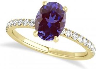 Allurez Oval Alexandrite & Diamond Single Row Hidden Halo Engagement Ring 14k Yellow Gold (0.68ct)