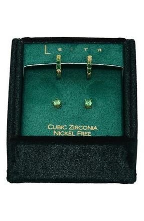 Leith Set of 2 Cubic Zirconia Stud & Huggie Hoop Earrings in Green Multi- Gold at Nordstrom Rack