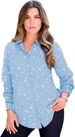 Roaman's Plus Size Kate Long Sleeve Easy Cotton-Blend Button-Front Shirt in French Blue Pretty Floral at Nordstrom, Size 12