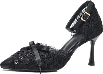 Generic Womens Closed Pointed Toe Ankle Strap Buckle Stiletto Dress Pumps Lace Design Elegant Wedding Party Evening Shoes (Black,5.5)