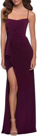 La Femme Modern Jersey Dress with Ruffle Detail on Skirt in Dark Berry at Nordstrom, Size 10