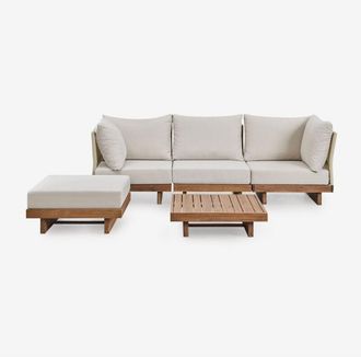 Sklum Conjunto De Jard&iacute;n Con Sof&aacute; Modular De 3 Piezas Con 2 Sillones Esquineros, Mesa De Centro Y Puff En Madera De Acacia Dailin Sklum