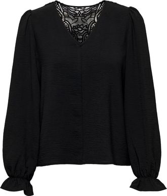 Only Spitzenbluse ONLY ONLMETTE L/S LACE TOP WVN, Damen, Gr. XS, schwarz, Web, Obermaterial: 100% Polyester, unifarben, regular fit normal, V-Ausschnitt, B