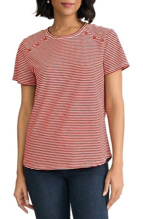 Jones New York Button Shoulder Stripe Stretch Cotton T-Shirt in Rouge/Natural White at Nordstrom, Size X-Small