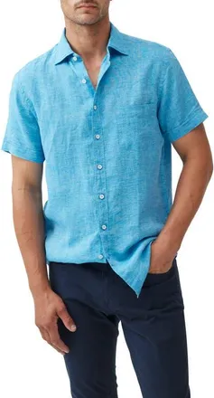 Rodd & Gunn Palm Beach Sports Fit Short Sleeve Linen Button-Up Shirt in Cobalt at Nordstrom, Size Xx-Large