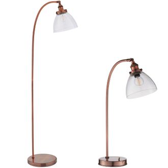 Loops Standing Floor & Table Lamp Set Aged Copper Glass Shade Retro Industrial Light