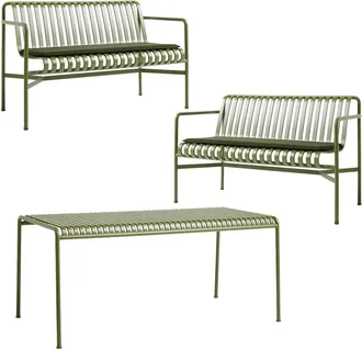 HAY Palissade Tisch + 2x Dining Bench mit Sitzkissen, olive