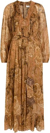 Zimmermann Carousel Belted Metallic Silk-chiffon Midi Dress - Brown - 4 (UK 16 / XL)