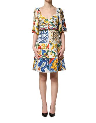 Dolce & Gabbana Womens Multicolor Majolica Print Cotton Mini Dress Elastane Nylon Silk