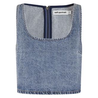 Self Portrait Sleeveless Tops, female, Blue, Size: 2XS Rhinestone Denim Crop Top