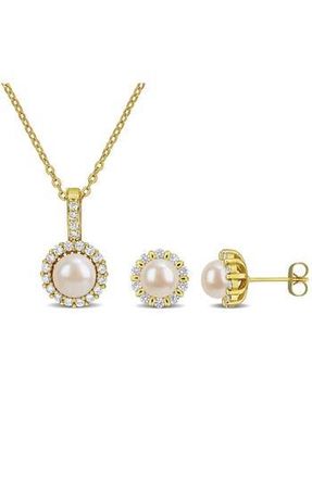 Delmar Cultured Pearl & Cubic Zirconia Halo Pendant Necklace & Stud Earrings Set in Gold at Nordstrom Rack