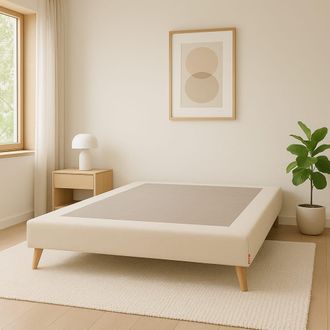 Colch&oacute;n Morfeo Base tapizada n&oacute;rdica beige con patas de madera, 105x200 cm