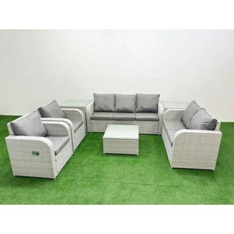 Fimous Pe Rattan Garden Furniture Set Adjustable Chair Sofa Double Love Seat 2 Seater Sofa Lounge Set Square Coffee Table 2 Side Table Light Grey - Fimous