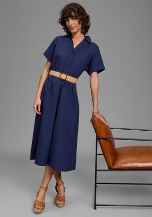 Laura Scott Hemdblusenkleid LAURA SCOTT, Damen, Gr. 34, N-Gr, dunkleblau, Web, Obermaterial: 100% Baumwolle, unifarben, figurumspielend wadenlang, angeschnitten A