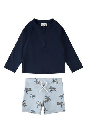 Petit Lem Long Sleeve UPF 50+ Two-Piece Rashguard Swimsuit in Navy at Nordstrom, Size 12-18M