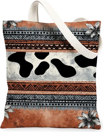 Generic Bohemian Floral Canvas Tote Bags, Vintage Tribal Pattern Reusable Grocery Bags, Lightweight Washable Shoulder Strap Canvas, Brown, 13x15 Inch