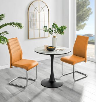 Furniturebox Elina White Marble Effect Scratch Resistant Dining Table & 2 Lorenzo Faux Leather Chairs in Mustard