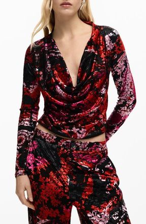 Desigual Floral Print Cowl Neck Long Sleeve Shirt in Black at Nordstrom, Size X-Small