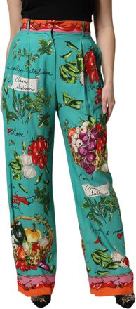 Dolce & Gabbana Womens Vegetable Print Wide Leg Pants - Turquoise Silk - Size EU 36 (Womens)
