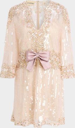 Valentino Garavani Bow-Front Long-Sleeve Sequined Tulle Mini Dress