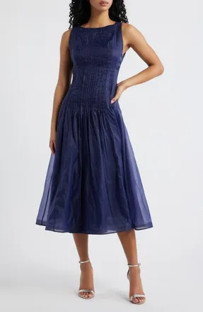 Lulus Dani Organza Tie Back Midi Dress in Navy at Nordstrom, Size X-Small