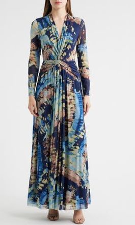 Anne Klein Abstract Print Twist Front Long Sleeve Mesh Maxi Dress in Blue Tide Multi at Nordstrom Rack, Size 0